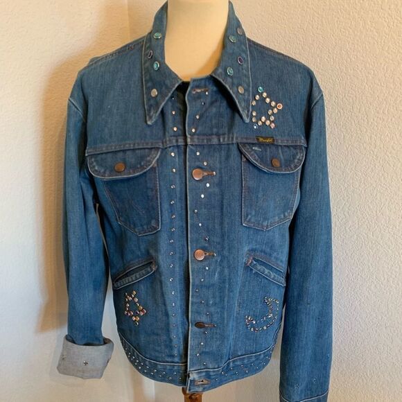 VTG Wrangler Celestial Jeweled Jean Jacket L XL 70 - Picture 1 of 8